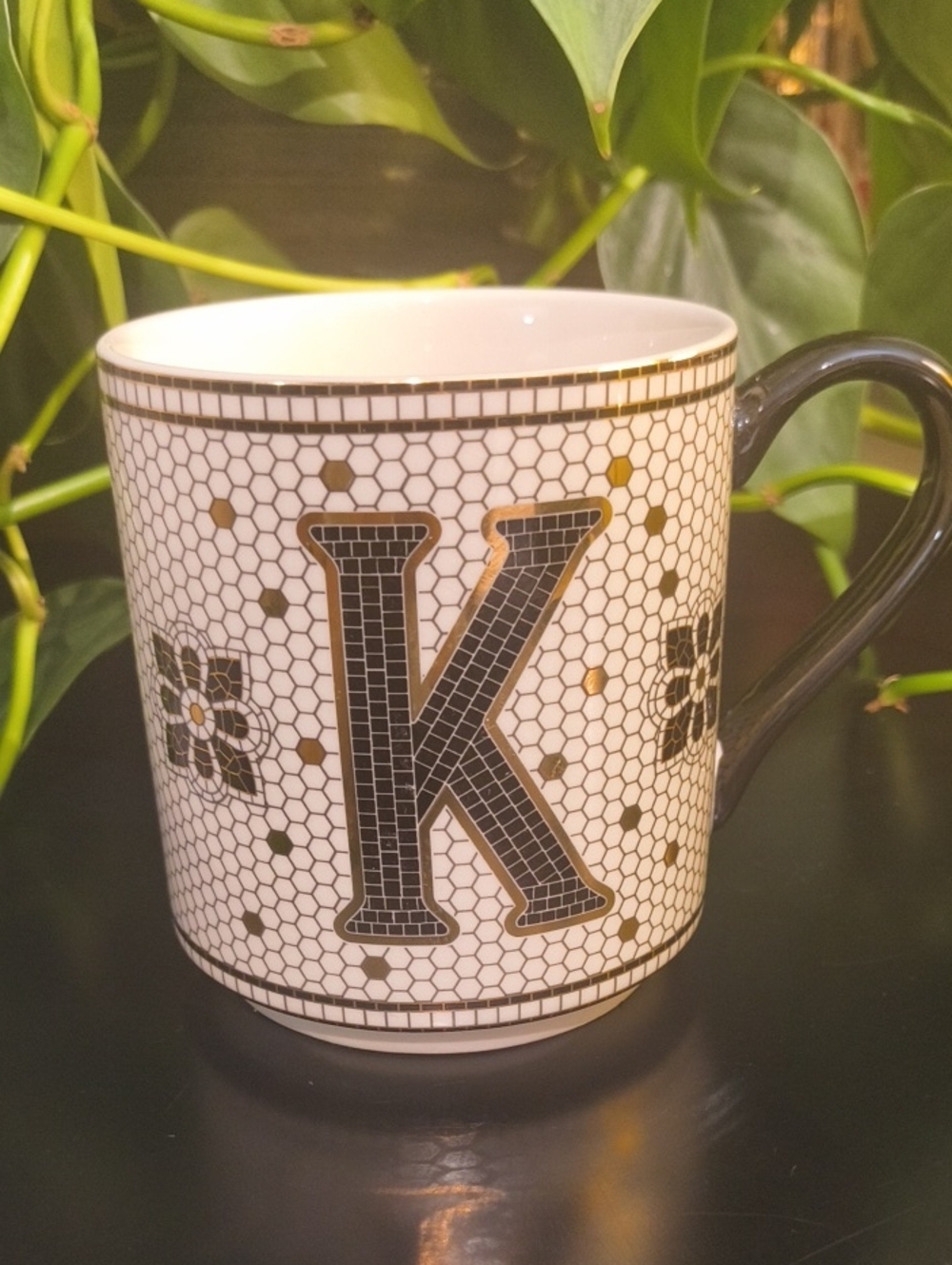 Anthropologie Bistro Tile Monogram 'K' Porcelain Mug NWOT